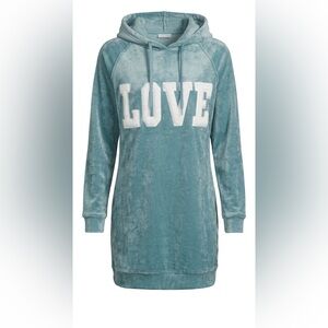 Infinity Teal Blue Plush Faux Fur Hoodie Dress LOVE Logo Size XS Ultra Cozy